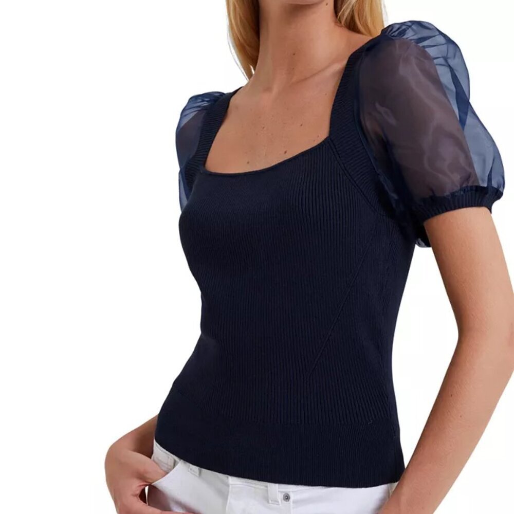 NWT French Connection Women's Lex Krista Organza Sleeve Mixed Media Top